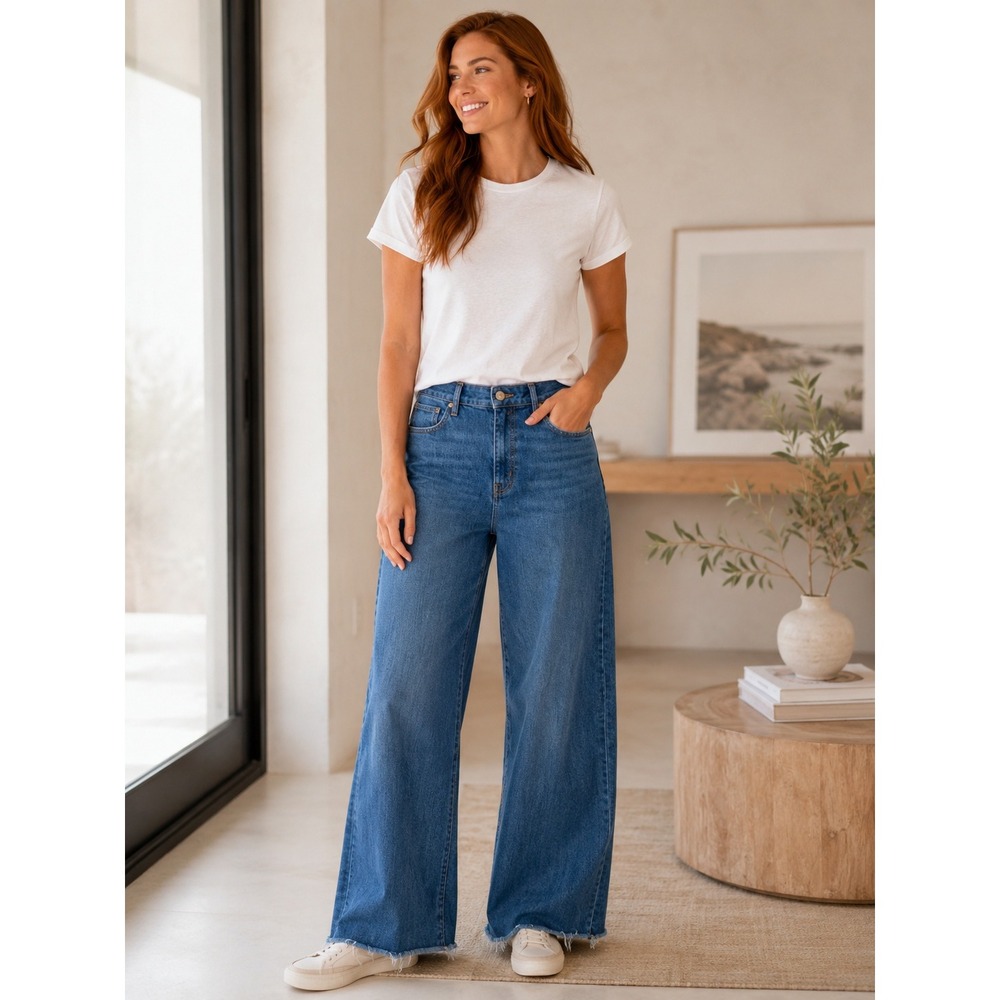FRAME Women Le Slim Palazzo Blue High Rise Wide Leg Raw Hem Denim Jeans Size 31